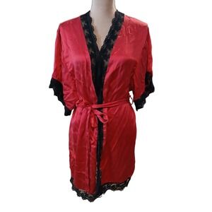 Victorias Secret Vintage Gold Label 100% Silk Red Lace Trim Wrap Robe OS - Read